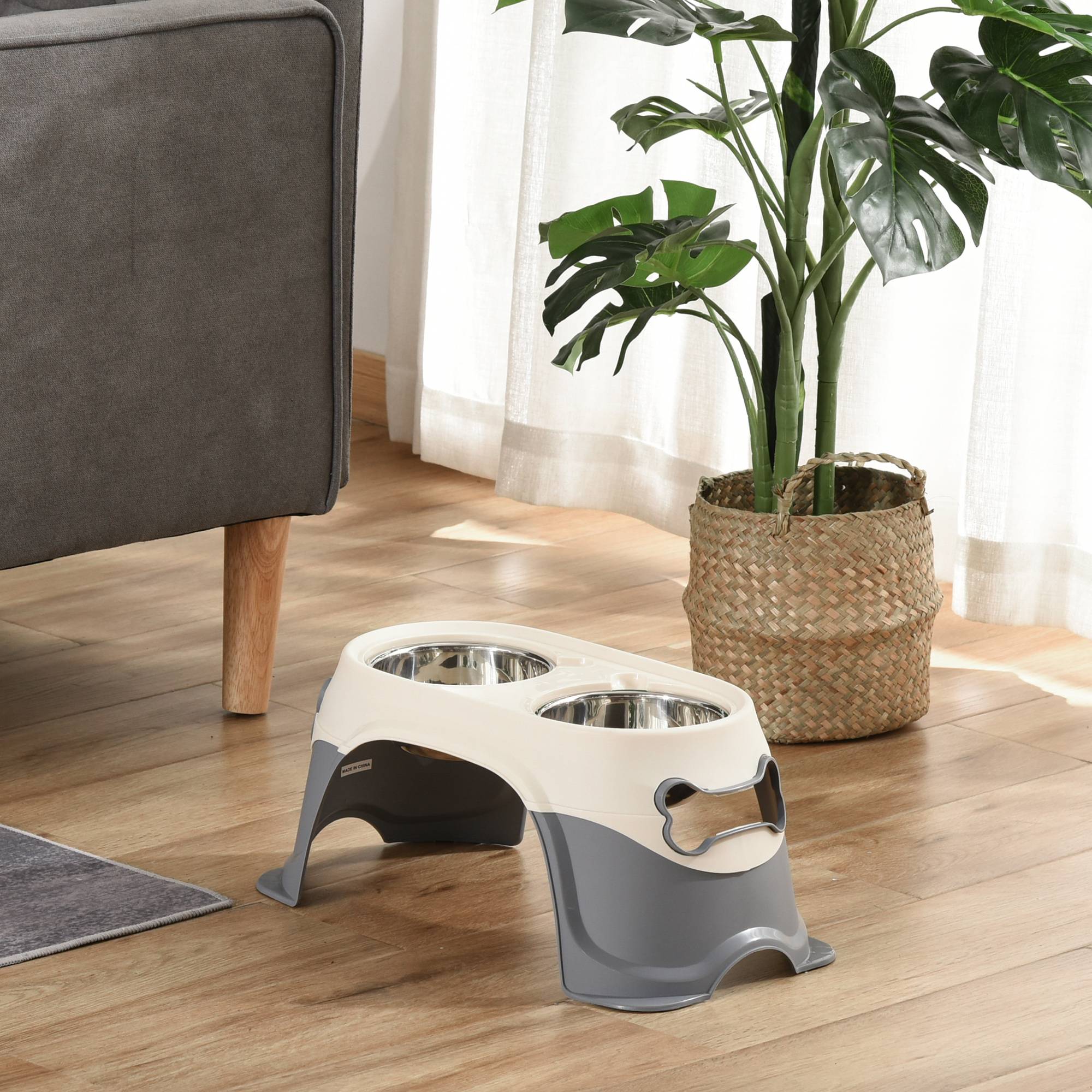 Sans Marque - Gamelle surélevée double chien acier inox et plastique avec pieds antidérapants 47x25x20 cm blanc/gris - Image 3