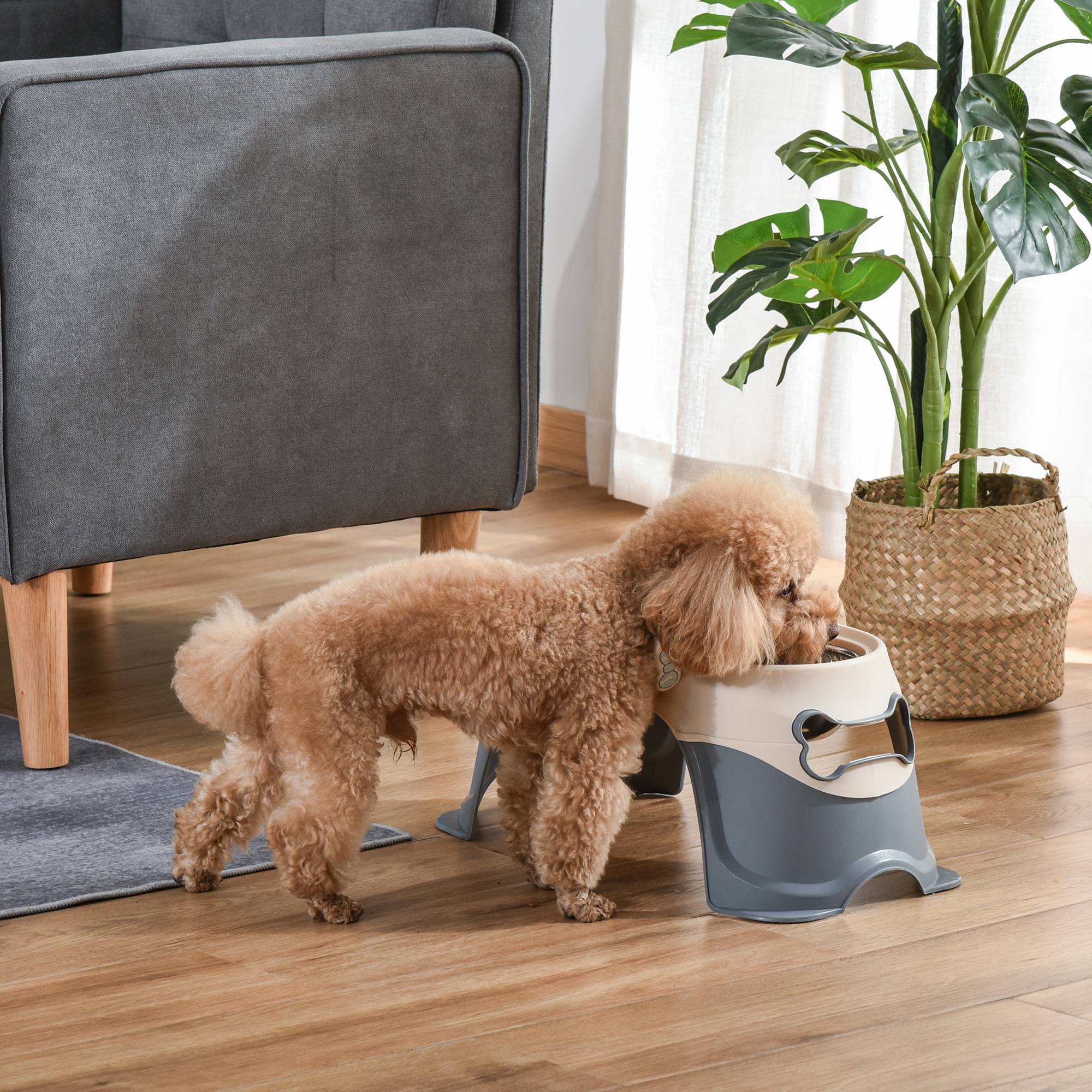 Sans Marque - Gamelle surélevée double chien acier inox et plastique avec pieds antidérapants 47x25x20 cm blanc/gris - Image 2