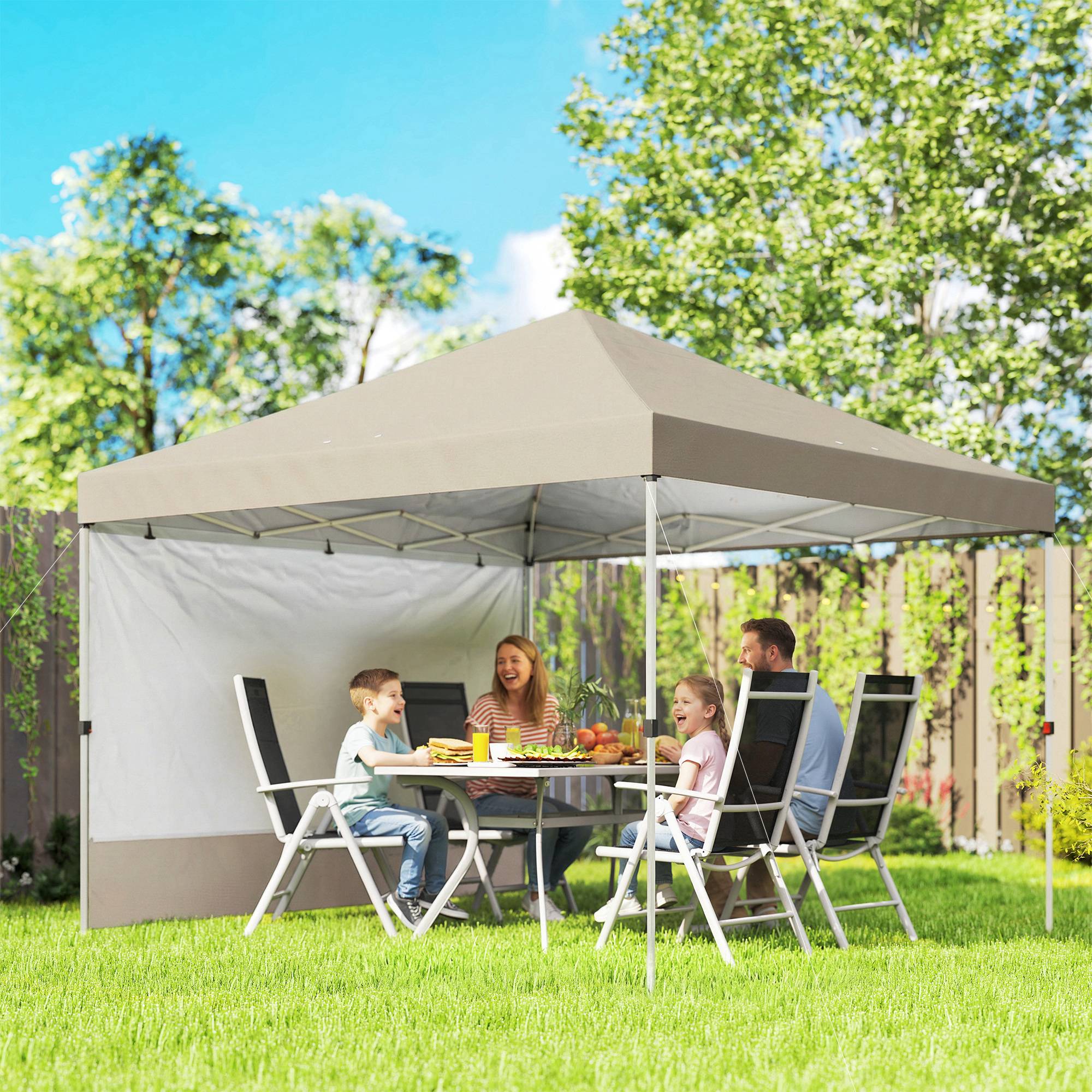 Sans Marque - Tonnelle pliante 3x3m avec paroi latérale, métal et toile Oxford, beige - Image 3