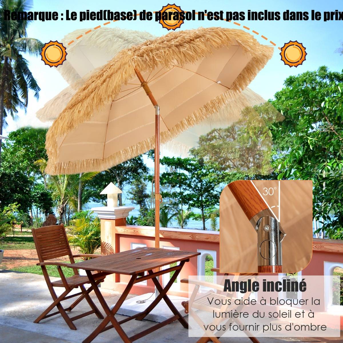 Parasol Inclinable de Paille en PP 2M Fixation pour Sable Toit Chaume Style Hawaïen 2 Parties - Image 7