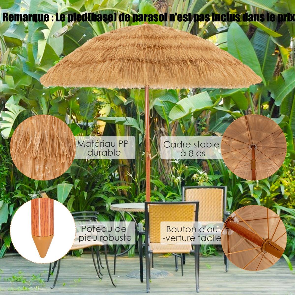 Parasol Inclinable de Paille en PP 2M Fixation pour Sable Toit Chaume Style Hawaïen 2 Parties - Image 6