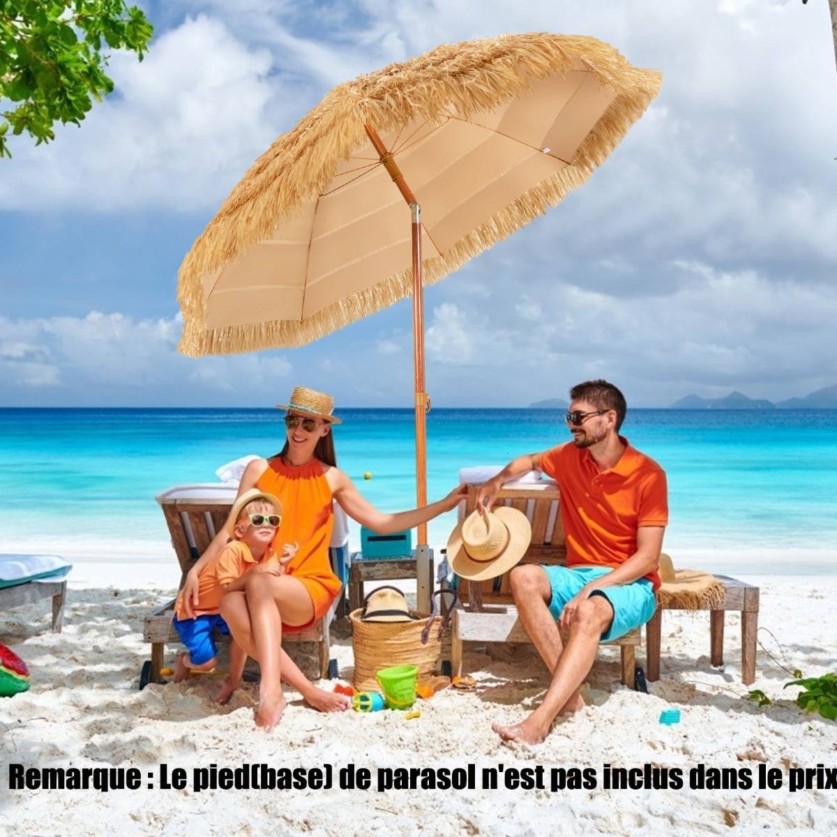 Parasol Inclinable de Paille en PP 2M Fixation pour Sable Toit Chaume Style Hawaïen 2 Parties - Image 4