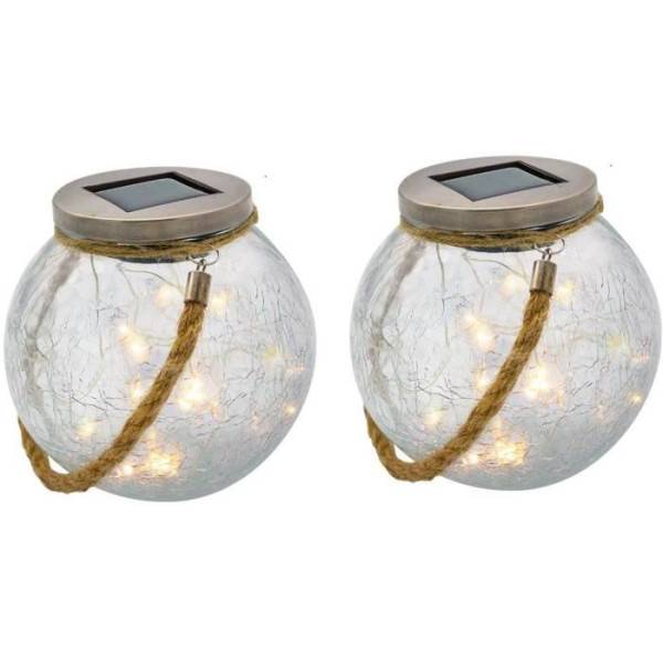 Lumisky - Lot de 2 boules solaires - LUMISKY - CRACK BALL CORD - H13 cm - Verre craquelé a poser - Poignée corde micro - LED blanc chaud