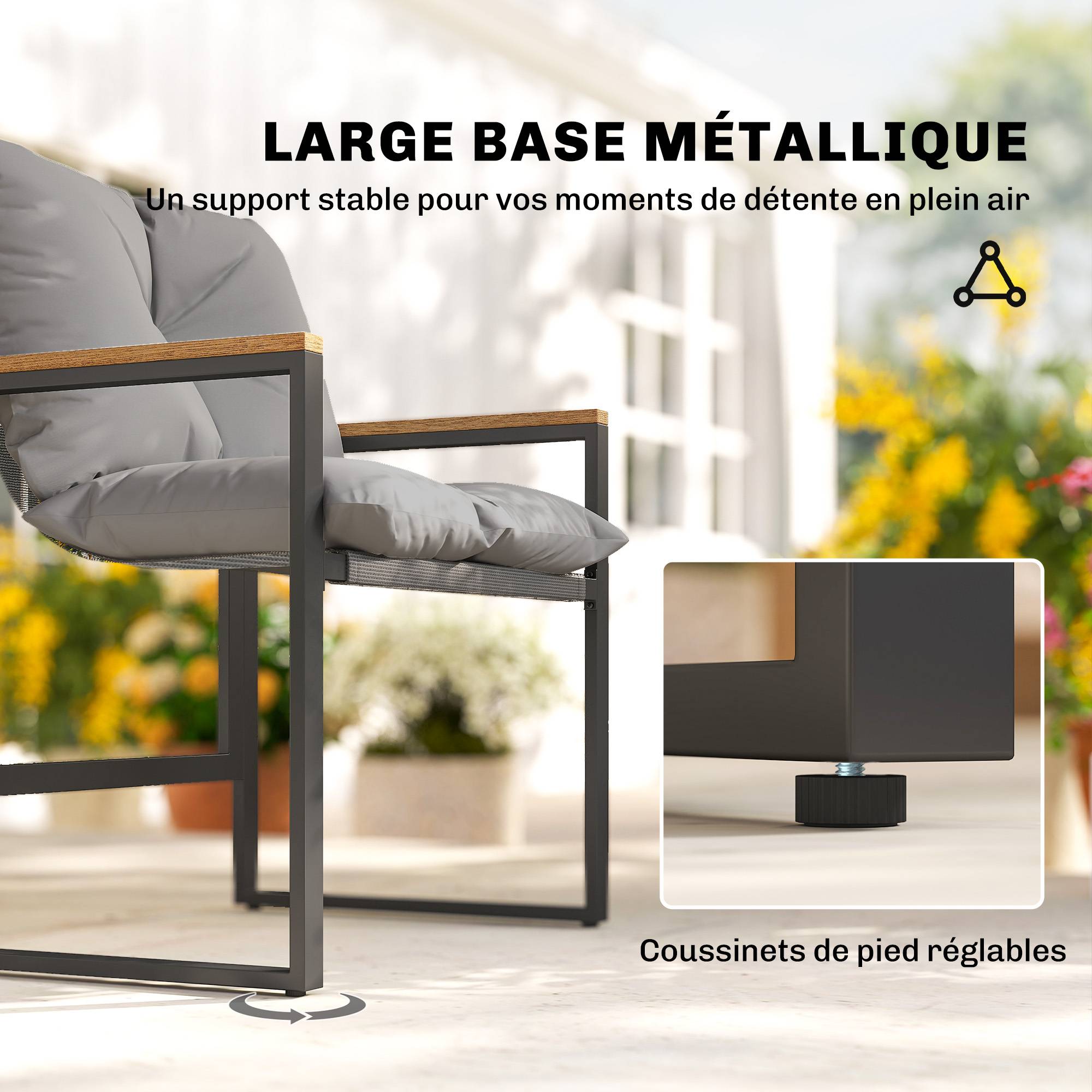 Salon de jardin 3 pièces 2 places avec 2 fauteuils 1 table basse, plateau en verre trempé et coussins, gris - Image 8