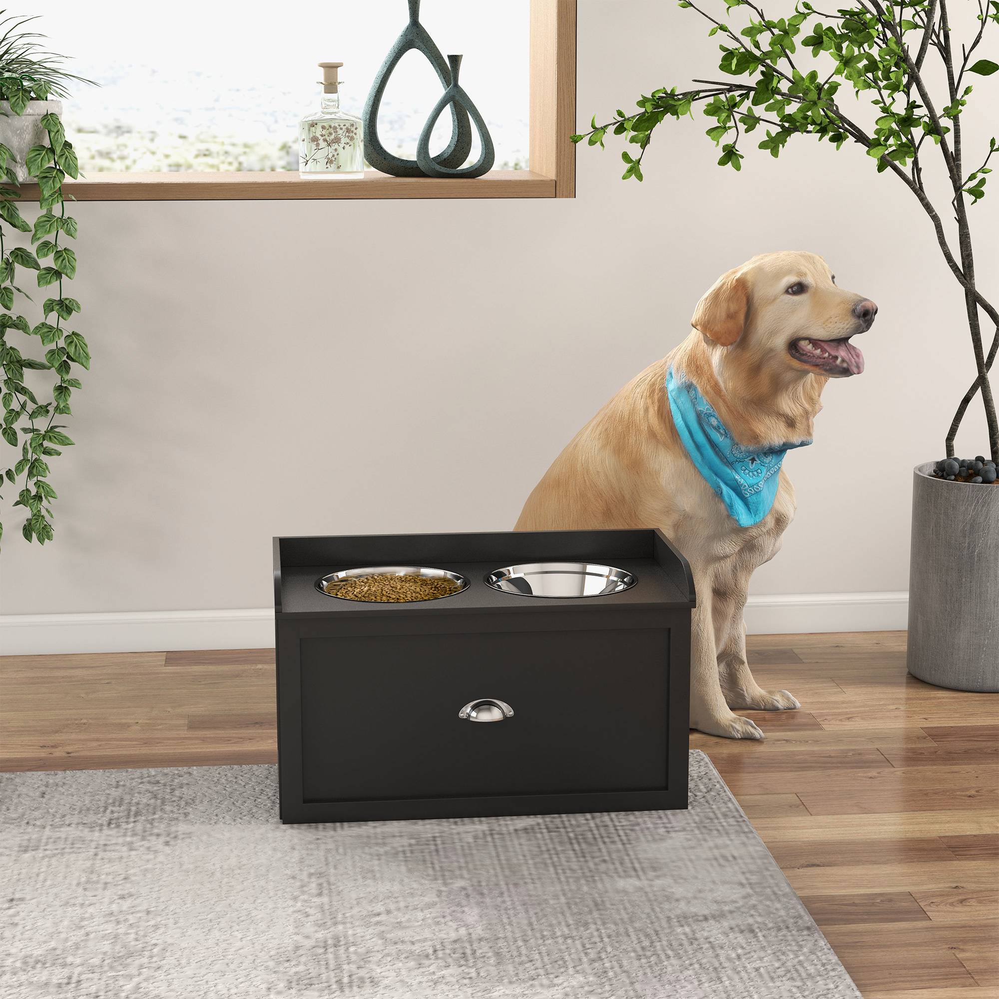 Sans Marque - Station alimentation 2 gamelles 2L inox avec tiroir grands chiens noir et argent 60x30x36 cm - Image 4