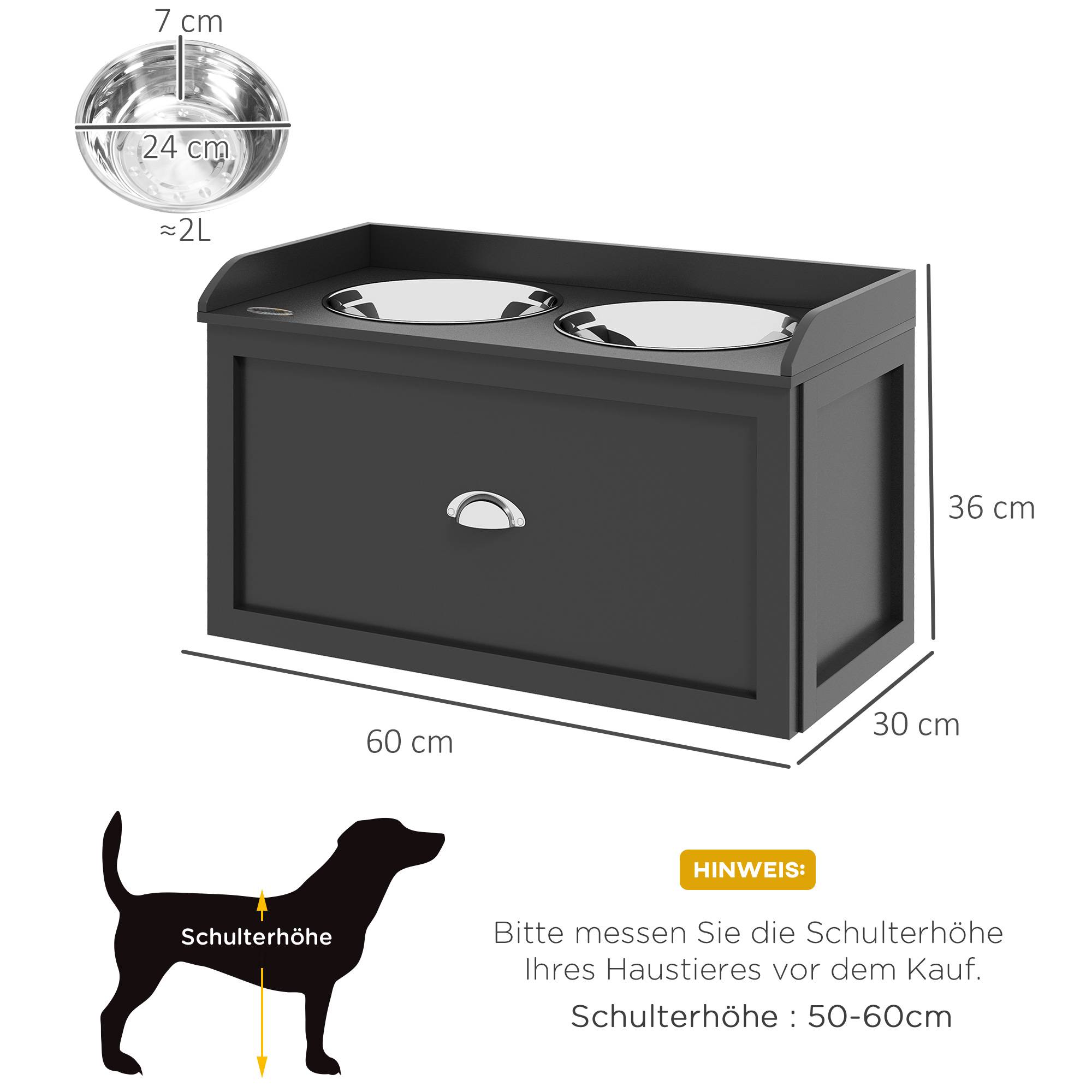 Sans Marque - Station alimentation 2 gamelles 2L inox avec tiroir grands chiens noir et argent 60x30x36 cm - Image 5
