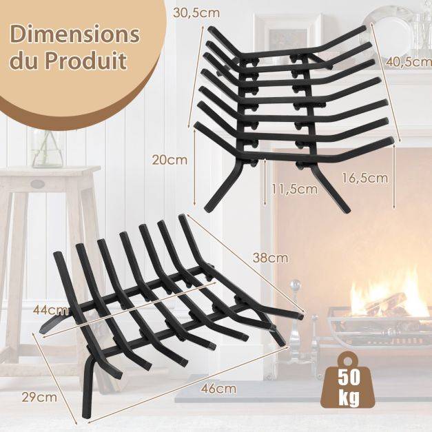 Helloshop26 - Grille de cheminée 46 cm support à bûches de cheminée en fer robuste 7 barres de fer de 14 mm support à bois de chauffage intérieur extérieur - Image 3