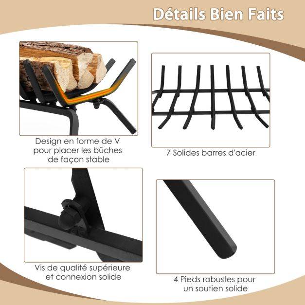 Helloshop26 - Grille de cheminée 46 cm support à bûches de cheminée en fer robuste 7 barres de fer de 14 mm support à bois de chauffage intérieur extérieur - Image 2
