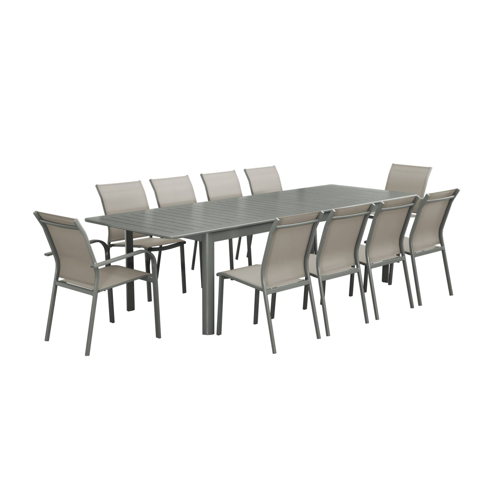 sweeek - Table de jardin extensible aluminium + 10 assises aluminium et textilène kaki. 8 chaises. 2 fauteuils. 10 places. 290 x 100 x 75 cm | sweeek - Image 2