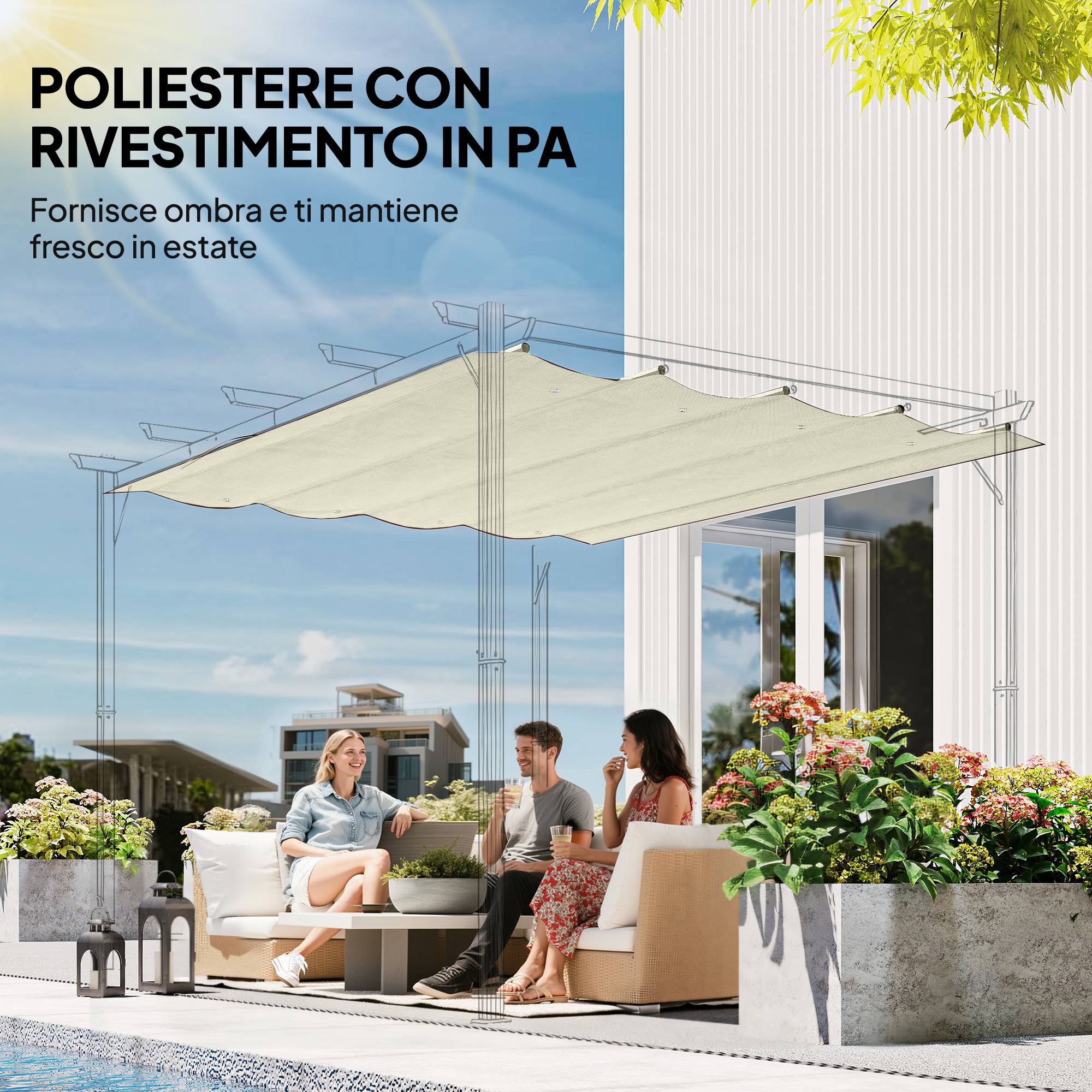 Toile rétractable pour pergola rechange polyester protection anti-UV 286x245cm crème - ComfortXL Outdoor Living - Image 7
