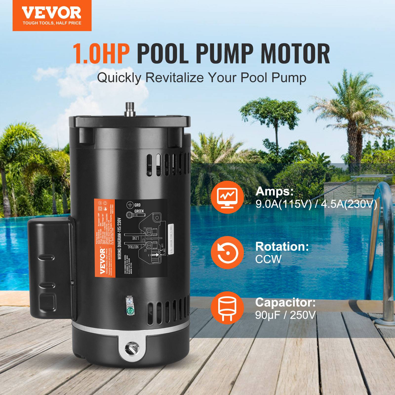 Vevor - VEVOR Moteur de pompe piscine 1 CV 56Y, 115/230 V, 3450 tr/min, 90 μF/250 V, rotation CCW. - Image 2
