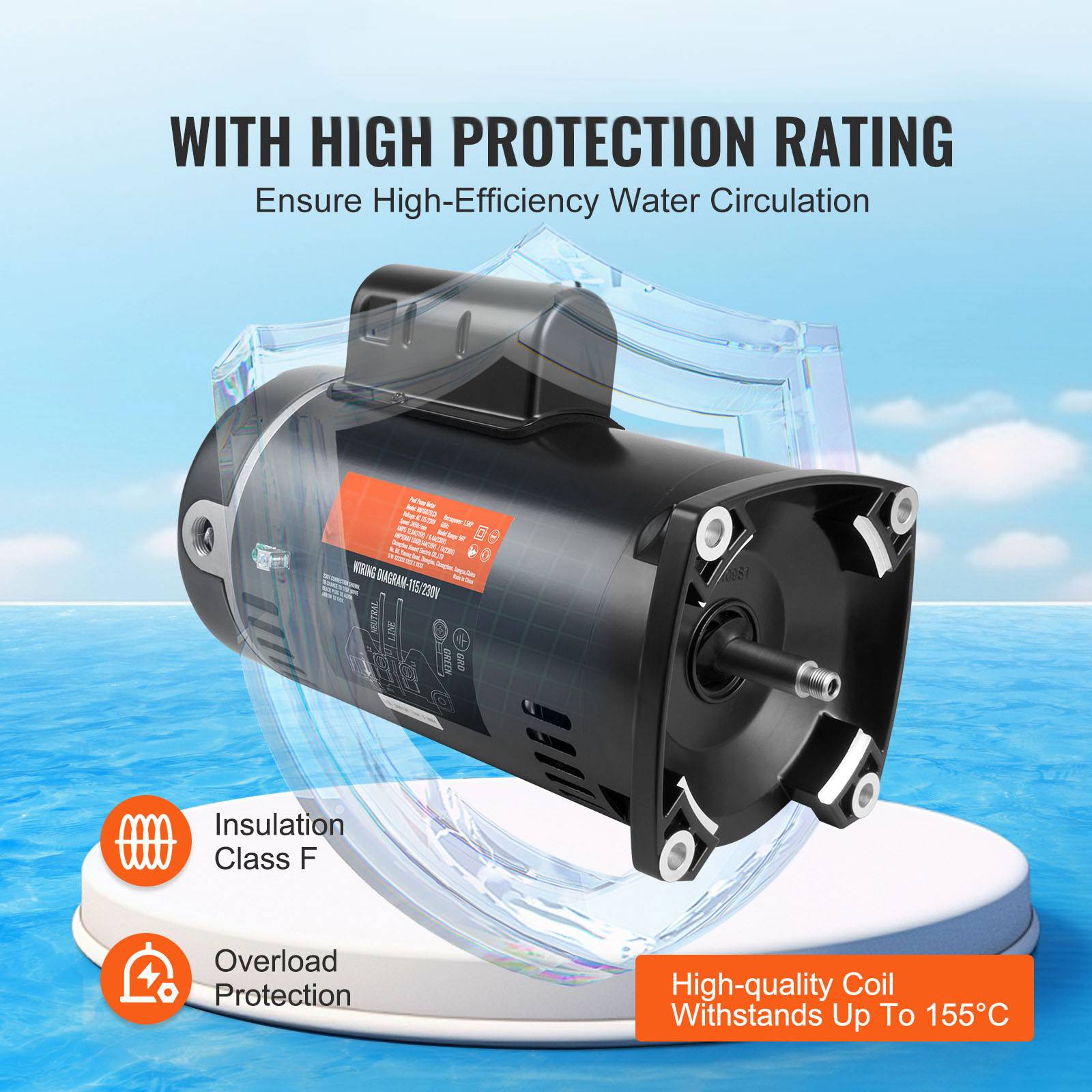 Vevor - VEVOR Moteur de pompe piscine 1 CV 56Y, 115/230 V, 3450 tr/min, 90 μF/250 V, rotation CCW. - Image 7