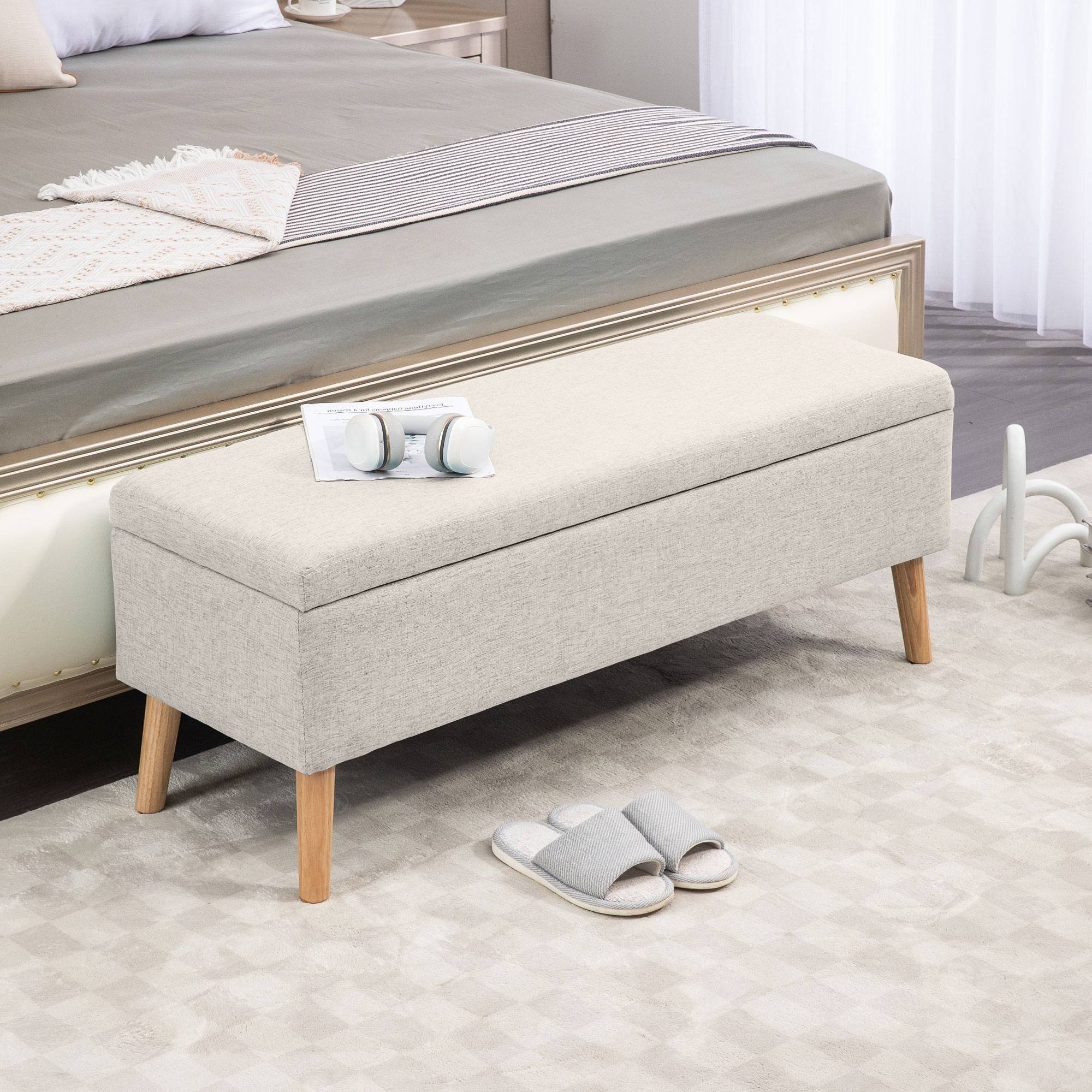 Banc coffre rangement rembourré aspect lin pour chambre à coucher, entrée, salon, charge 220 Kg, 110 x 39 x 45 cm, beige - Image 3