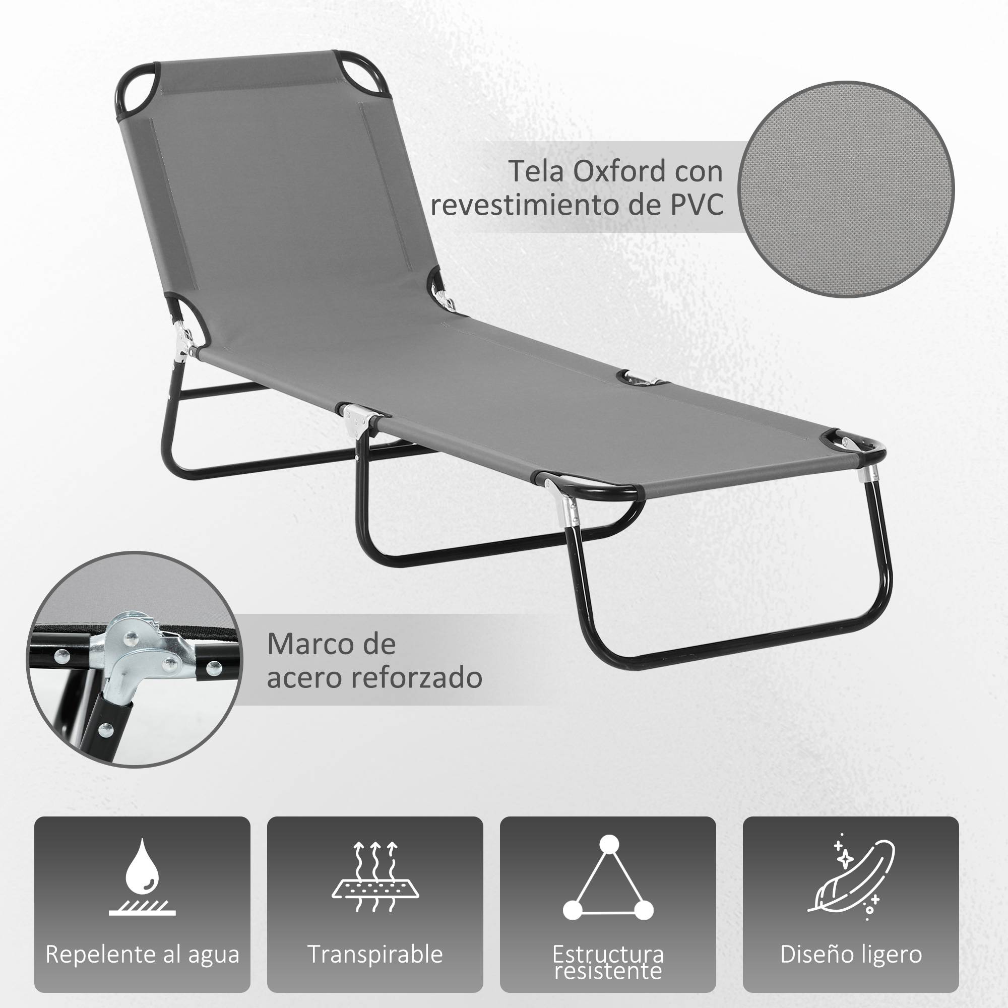 Transat inclinable pliable avec 5 positions réglables pour jardin, charge maximale 120 kg, 188 x 56 x 28 cm, gris - Image 7