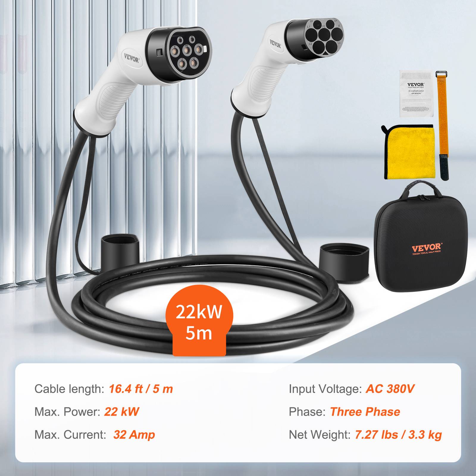 VEVOR Câble Charge EV Type 2 à Type 2 Charger Voiture Électrique 32A 5,5m 22kW - Image 7