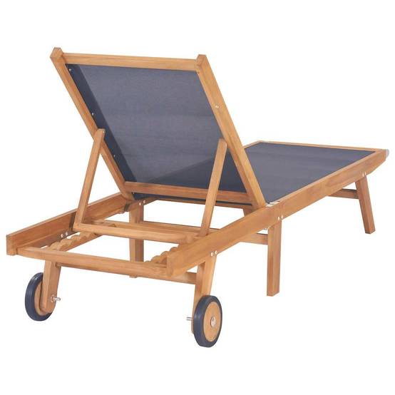 Chaise longue | Transat | Bain de soleil pliable avec roulettes Teck massif et textilène - Image 3