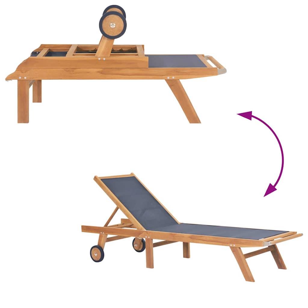 Chaise longue | Transat | Bain de soleil pliable avec roulettes Teck massif et textilène - Image 5