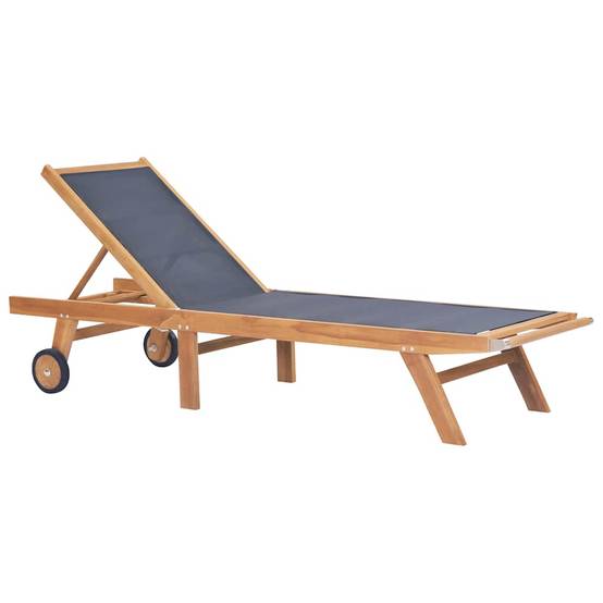 Chaise longue | Transat | Bain de soleil pliable avec roulettes Teck massif et textilène - Image 2