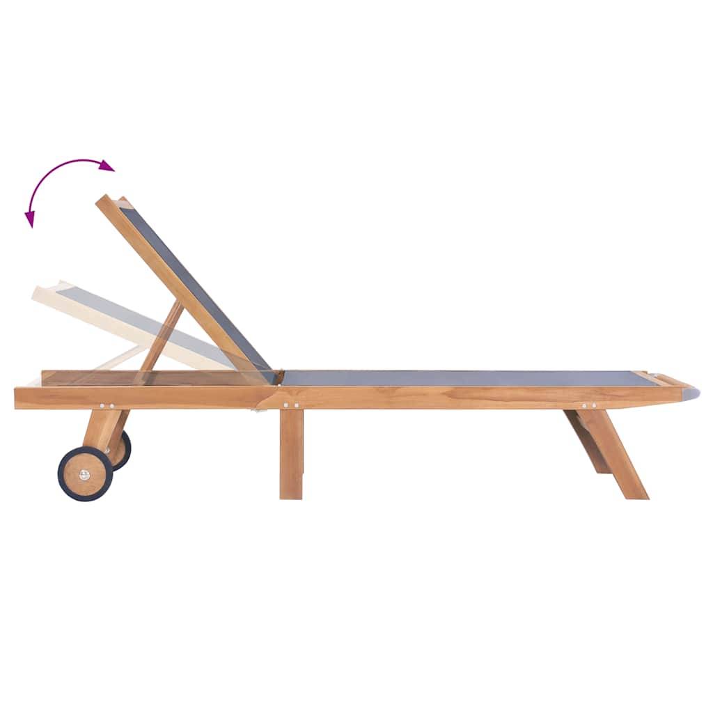 Chaise longue | Transat | Bain de soleil pliable avec roulettes Teck massif et textilène - Image 4