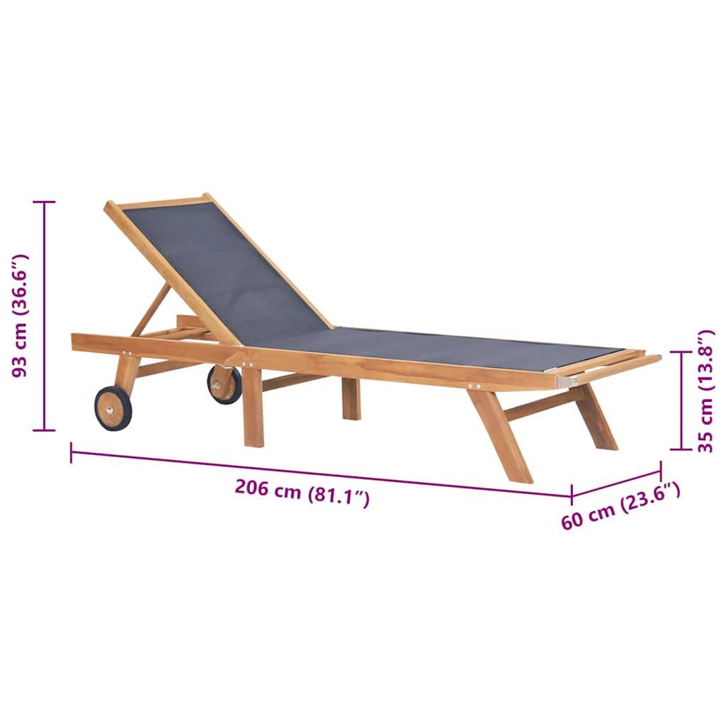 Chaise longue | Transat | Bain de soleil pliable avec roulettes Teck massif et textilène - Image 9