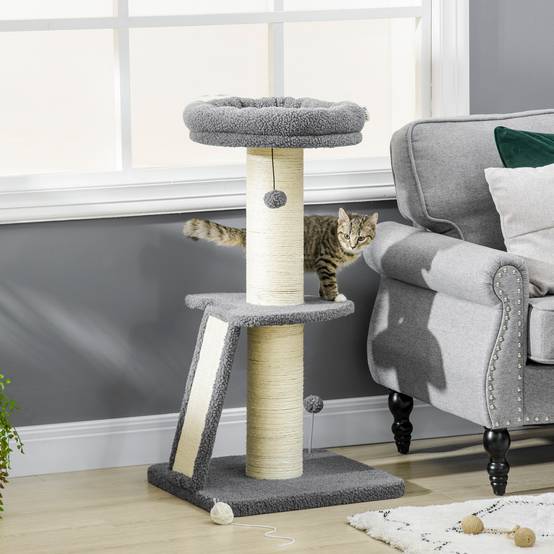 Arbre à chat bois et fausse fourrure chats 5kg griffoir et plateforme gris et crème - ComfortXL Outdoor Living - Image 3