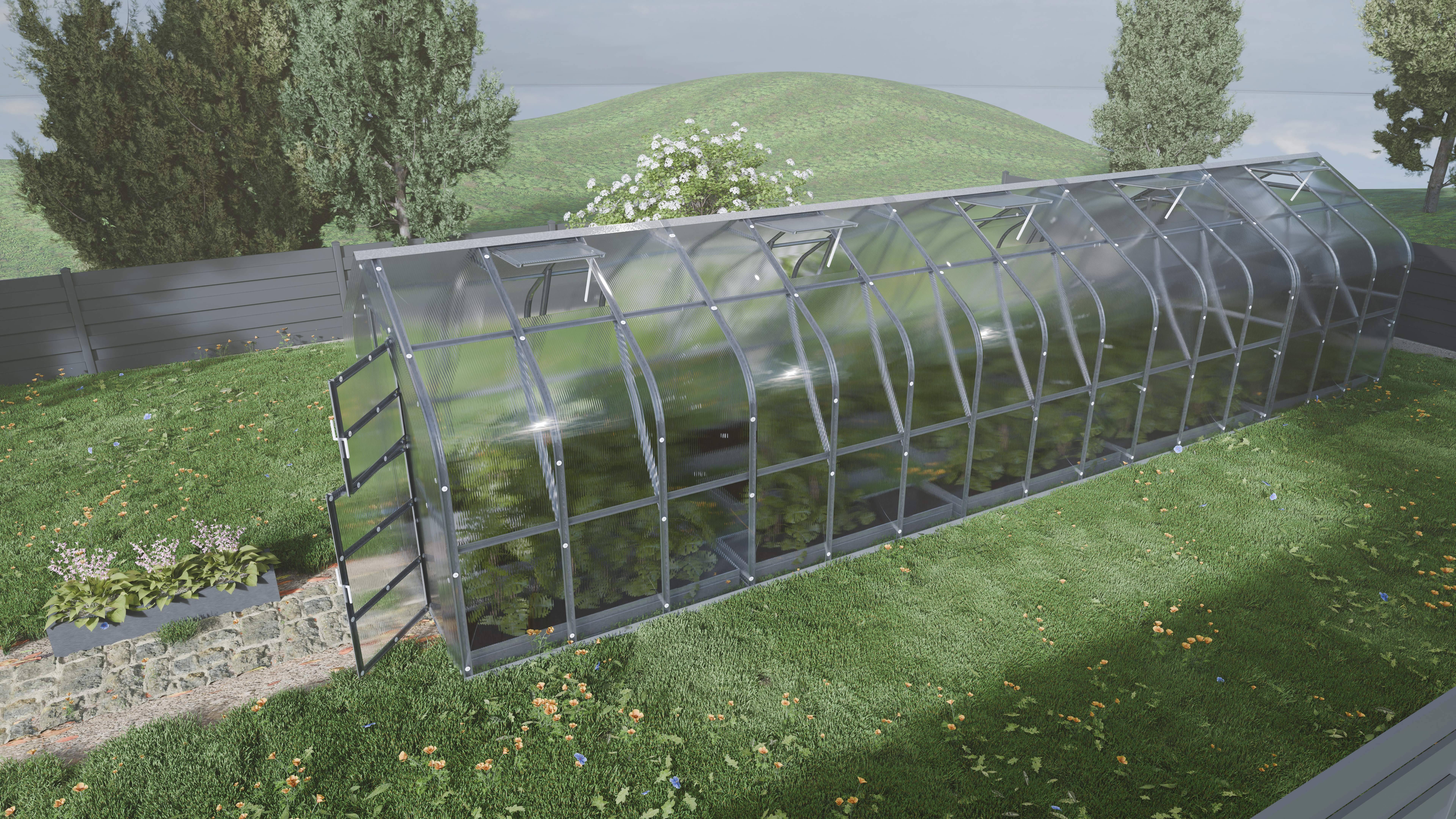 Serre KLASIKA Standard 30m2, 2,5m x 12m, 6 mm avec revêtement en polycarbonate (Avec 6 toits ouvrants automatiques) - Image 1