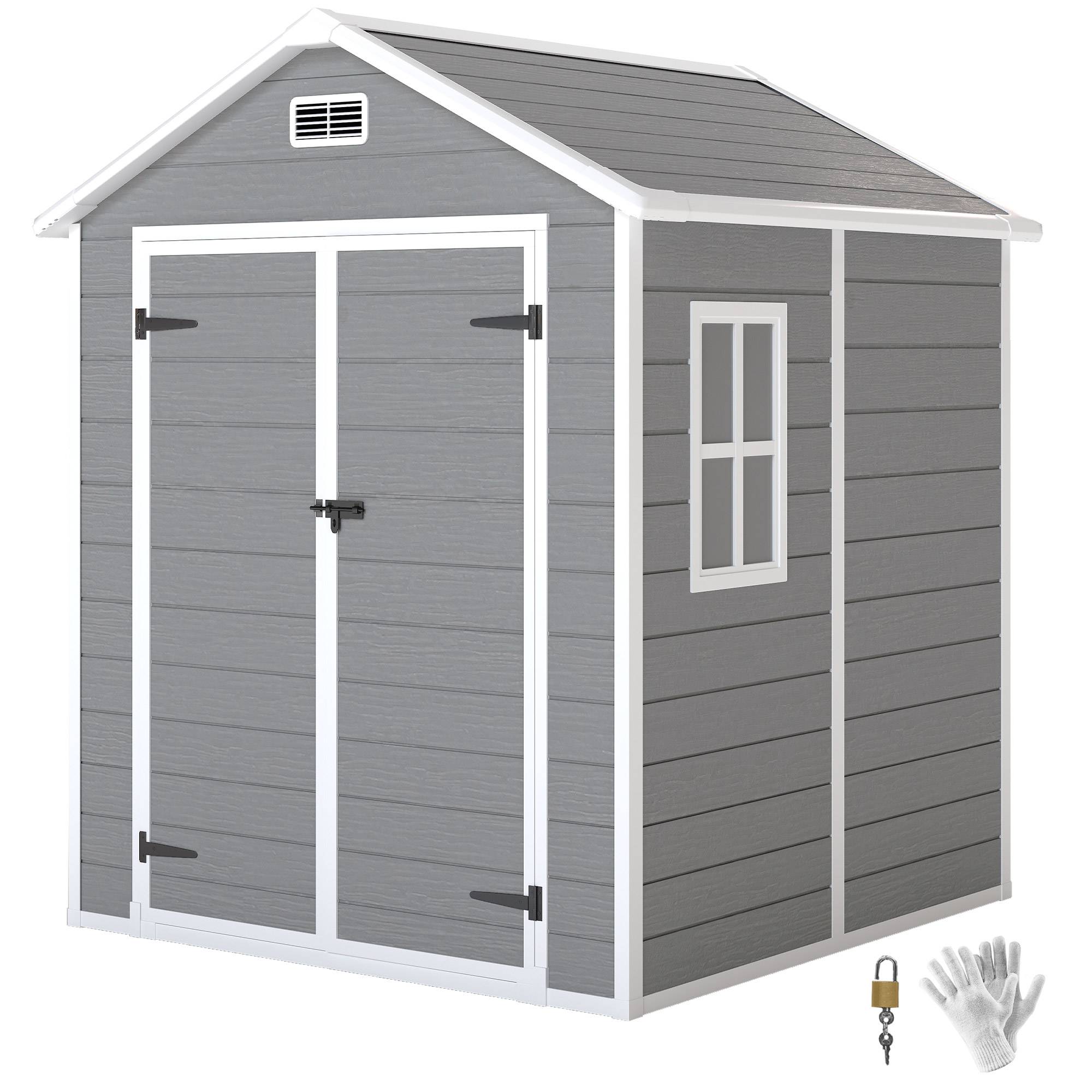 Abri de jardin plastique aspect bois avec plancher fenêtres ventilation portes verrouillables rangement gris - Image 1
