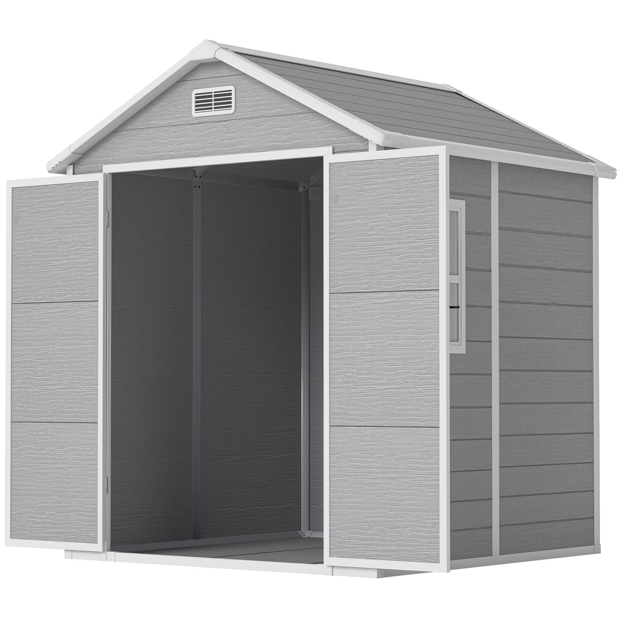 Abri de jardin plastique aspect bois avec plancher fenêtres ventilation portes verrouillables rangement gris - Image 2