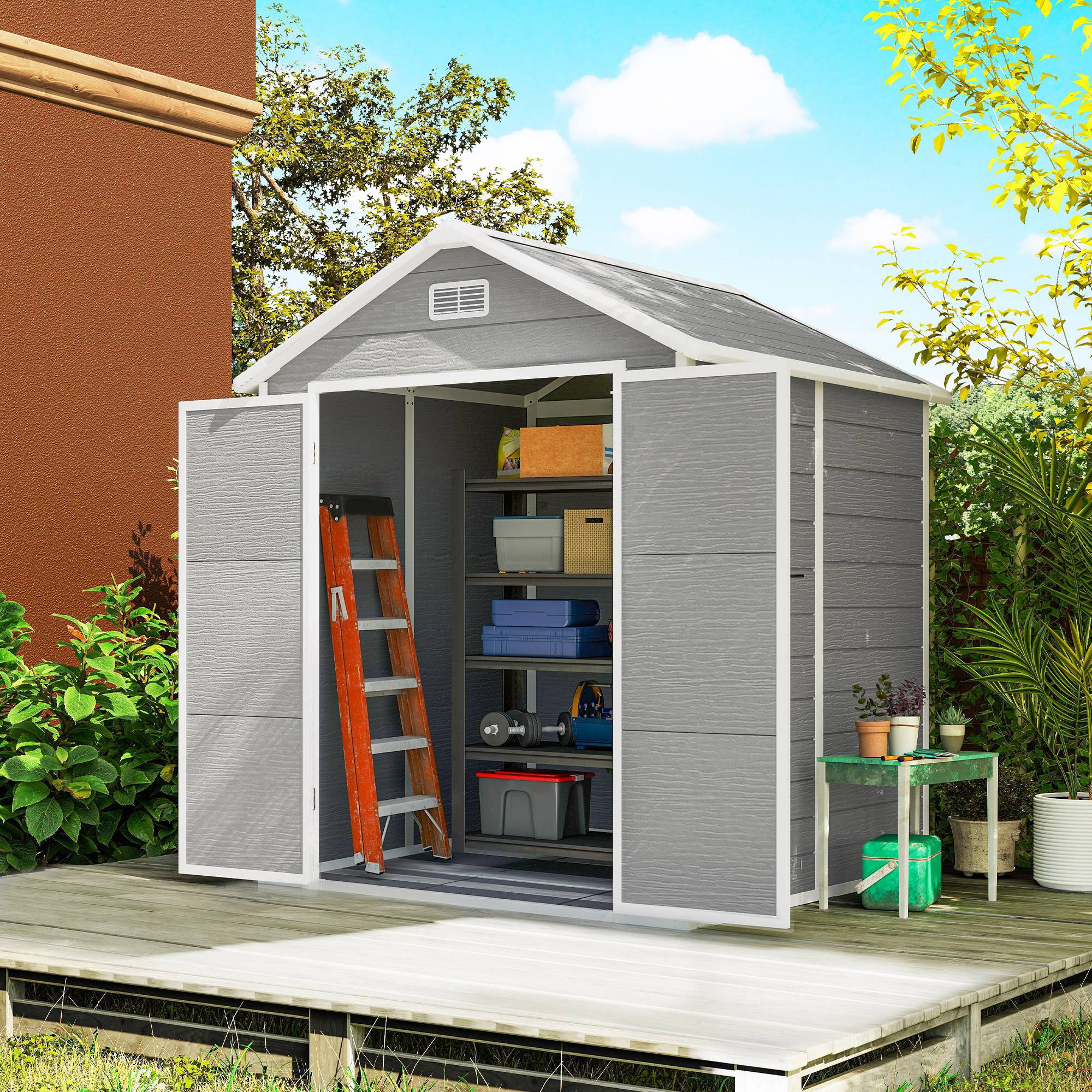 Abri de jardin plastique aspect bois avec plancher fenêtres ventilation portes verrouillables rangement gris - Image 3