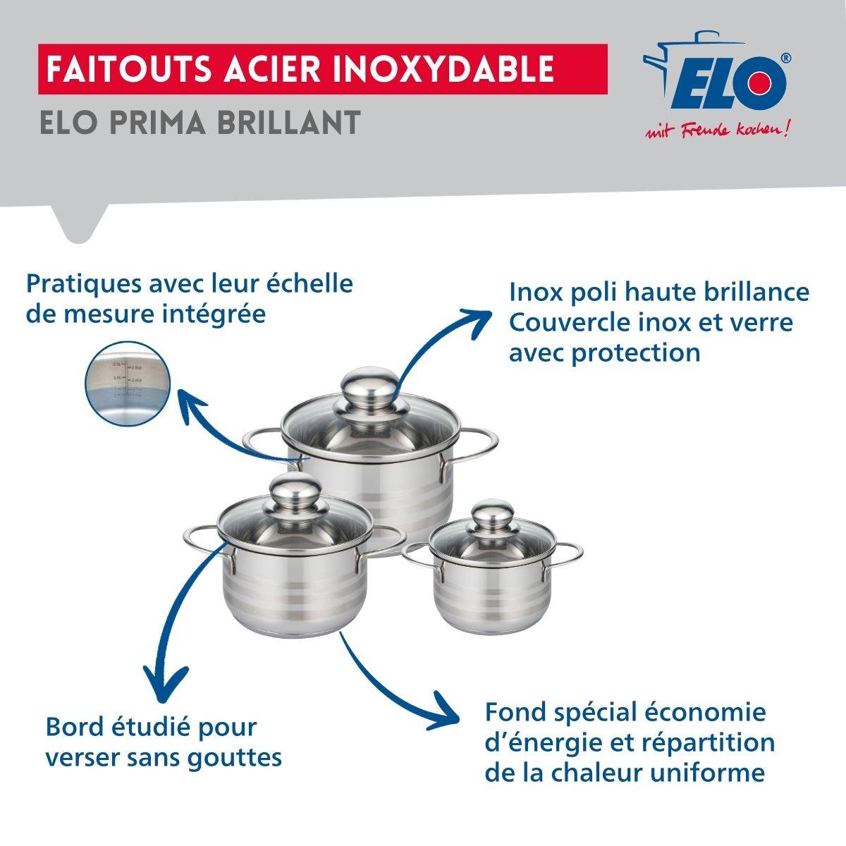 Ensemble de 1 Poêle de cuisson 28 cm et 3 faitouts 12, 14 et 16 cm Elo Prima Brillant - Image 3