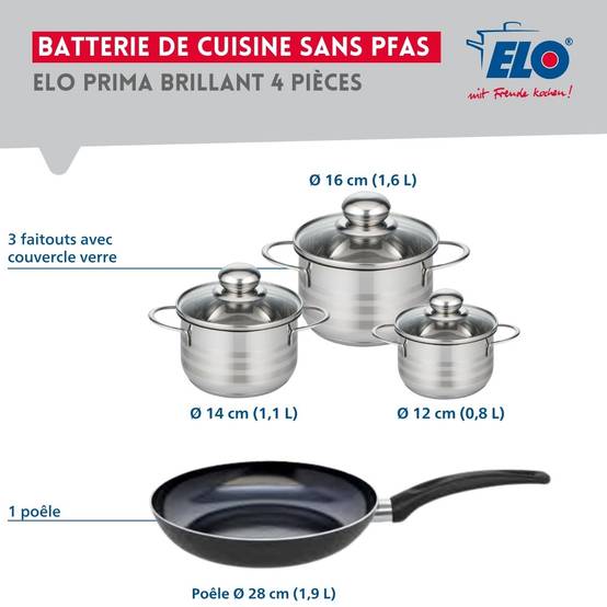 Ensemble de 1 Poêle de cuisson 28 cm et 3 faitouts 12, 14 et 16 cm Elo Prima Brillant - Image 2