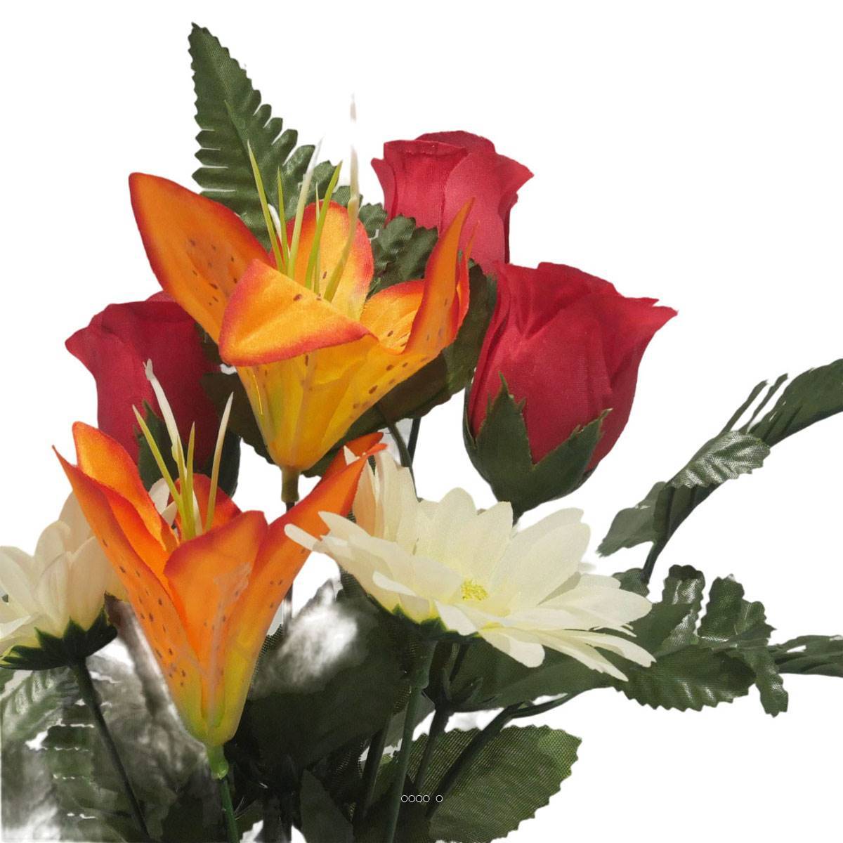 Artificielles - Pot pour la Toussaint de Boutons de Rose, Lys tigrés et gerberas artificiels pour la tombe Orange - couleur: Orange - Image 3