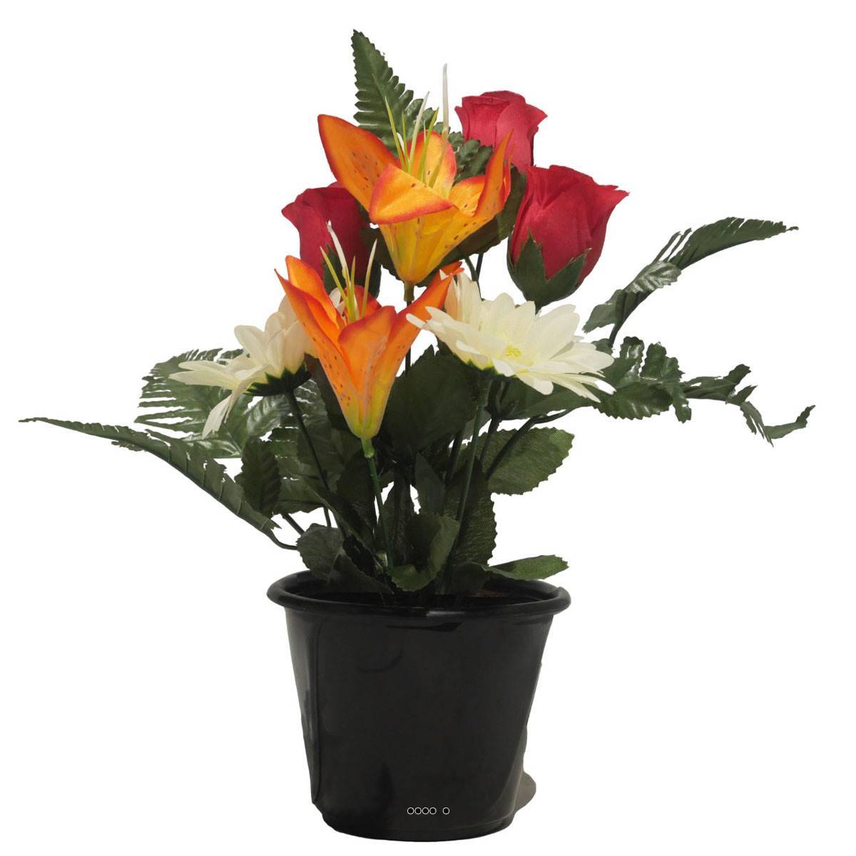 Artificielles - Pot pour la Toussaint de Boutons de Rose, Lys tigrés et gerberas artificiels pour la tombe Orange - couleur: Orange - Image 1