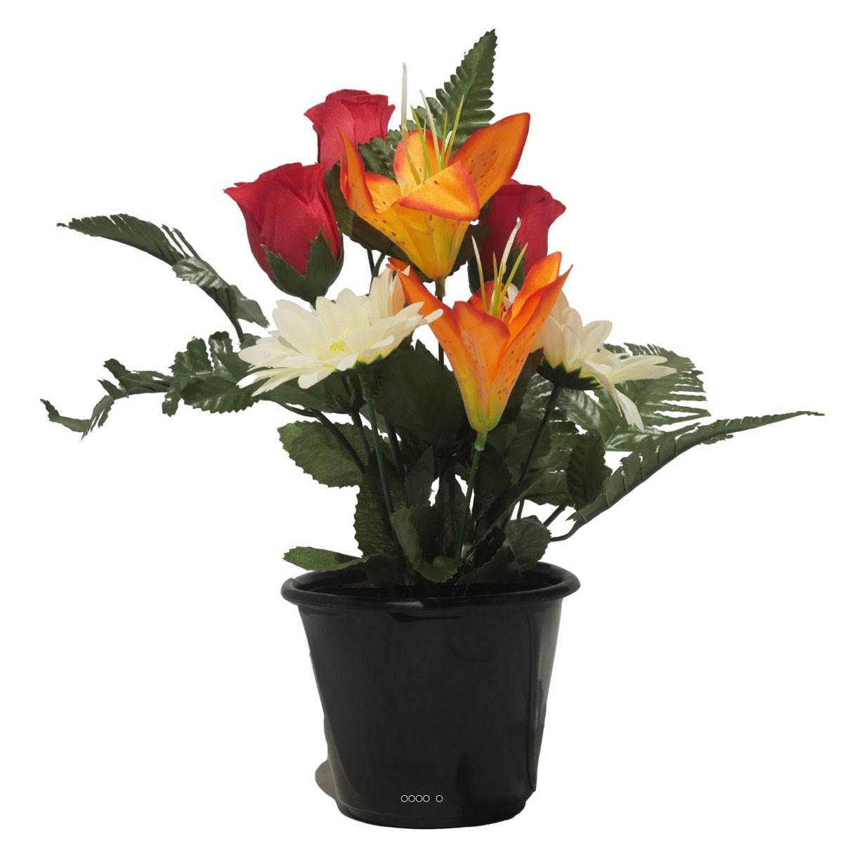 Artificielles - Pot pour la Toussaint de Boutons de Rose, Lys tigrés et gerberas artificiels pour la tombe Orange - couleur: Orange - Image 2