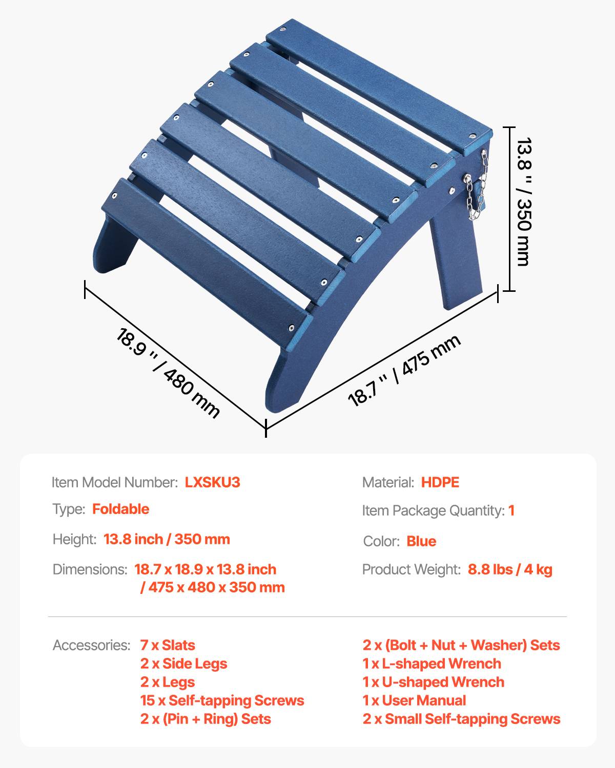 VEVOR Repose-pieds pliable Adirondack, PEHD, 475x480x350mm, bleu. - Image 7