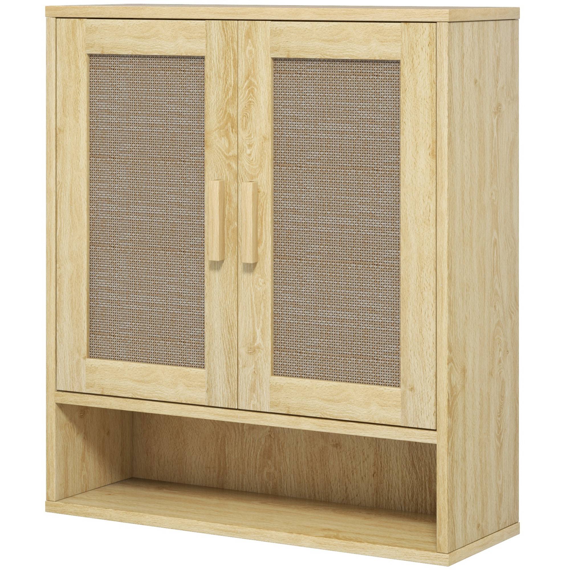 Sans Marque - Meuble mural salle bain meuble wc suspendu double porte étagère ouverte 59x20x66,5 cm effet bois chêne - Image 2