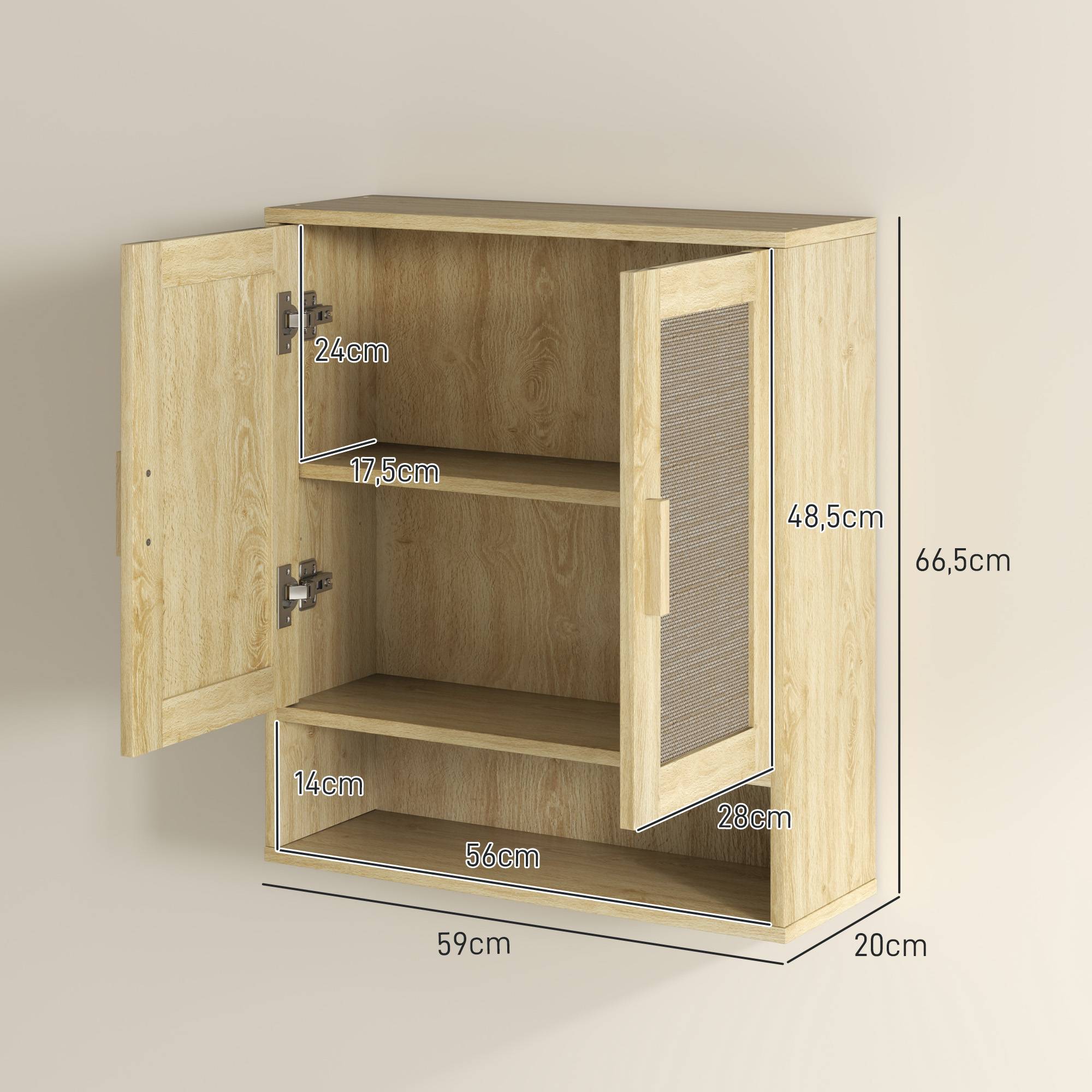 Sans Marque - Meuble mural salle bain meuble wc suspendu double porte étagère ouverte 59x20x66,5 cm effet bois chêne - Image 5