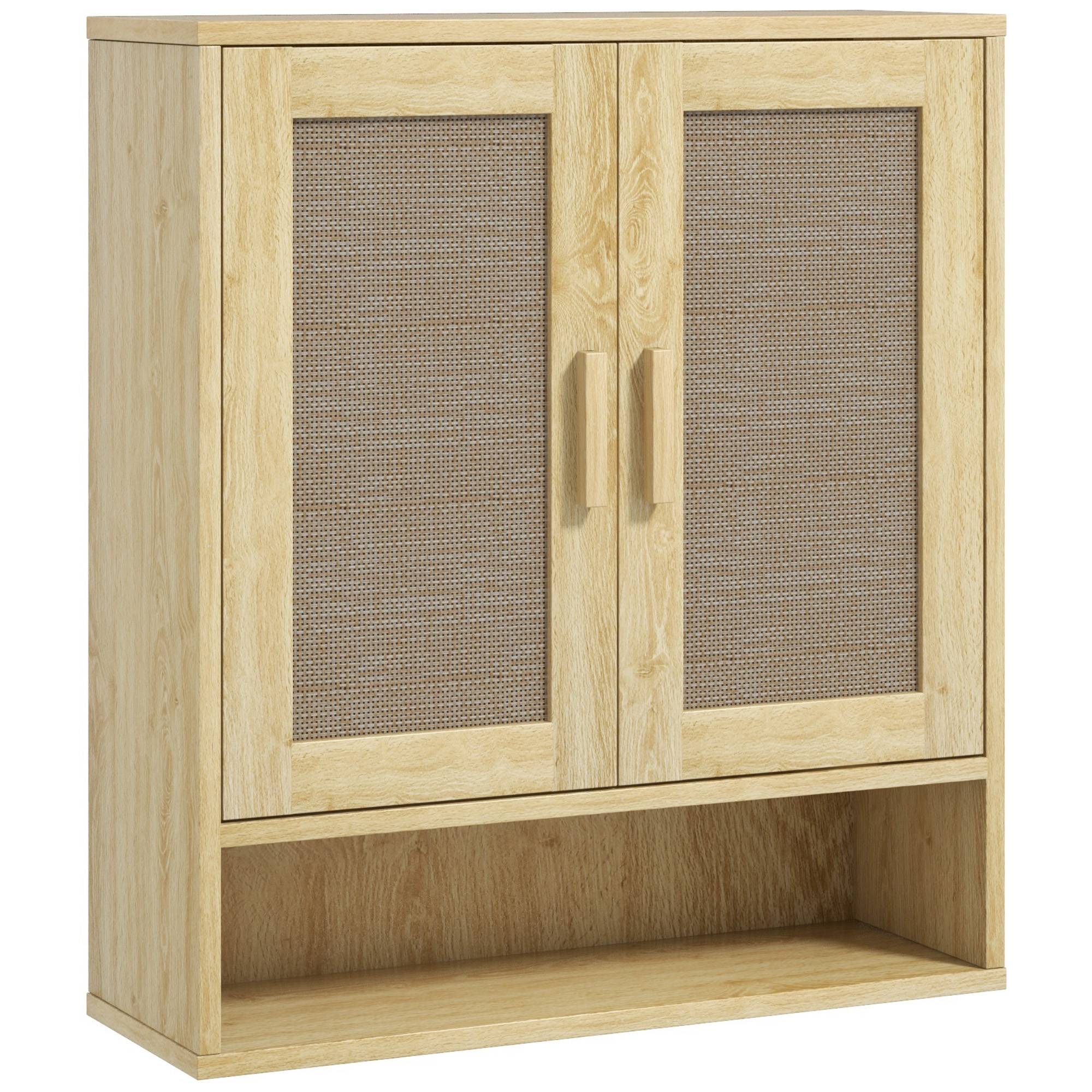 Sans Marque - Meuble mural salle bain meuble wc suspendu double porte étagère ouverte 59x20x66,5 cm effet bois chêne - Image 1