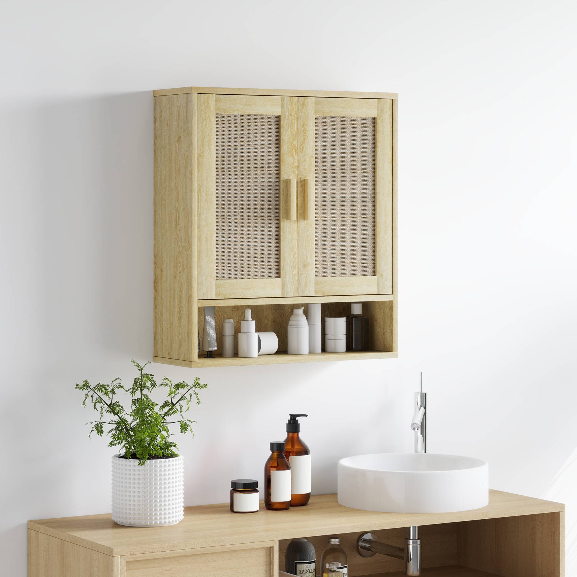 Sans Marque - Meuble mural salle bain meuble wc suspendu double porte étagère ouverte 59x20x66,5 cm effet bois chêne - Image 4