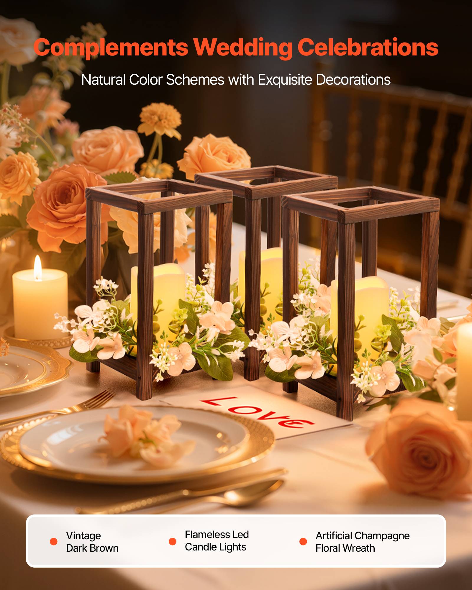 VEVOR Lanterne de Mariage Bois avec Bougies LED Couronnes Fleur Lot de 20 Marron - Image 2
