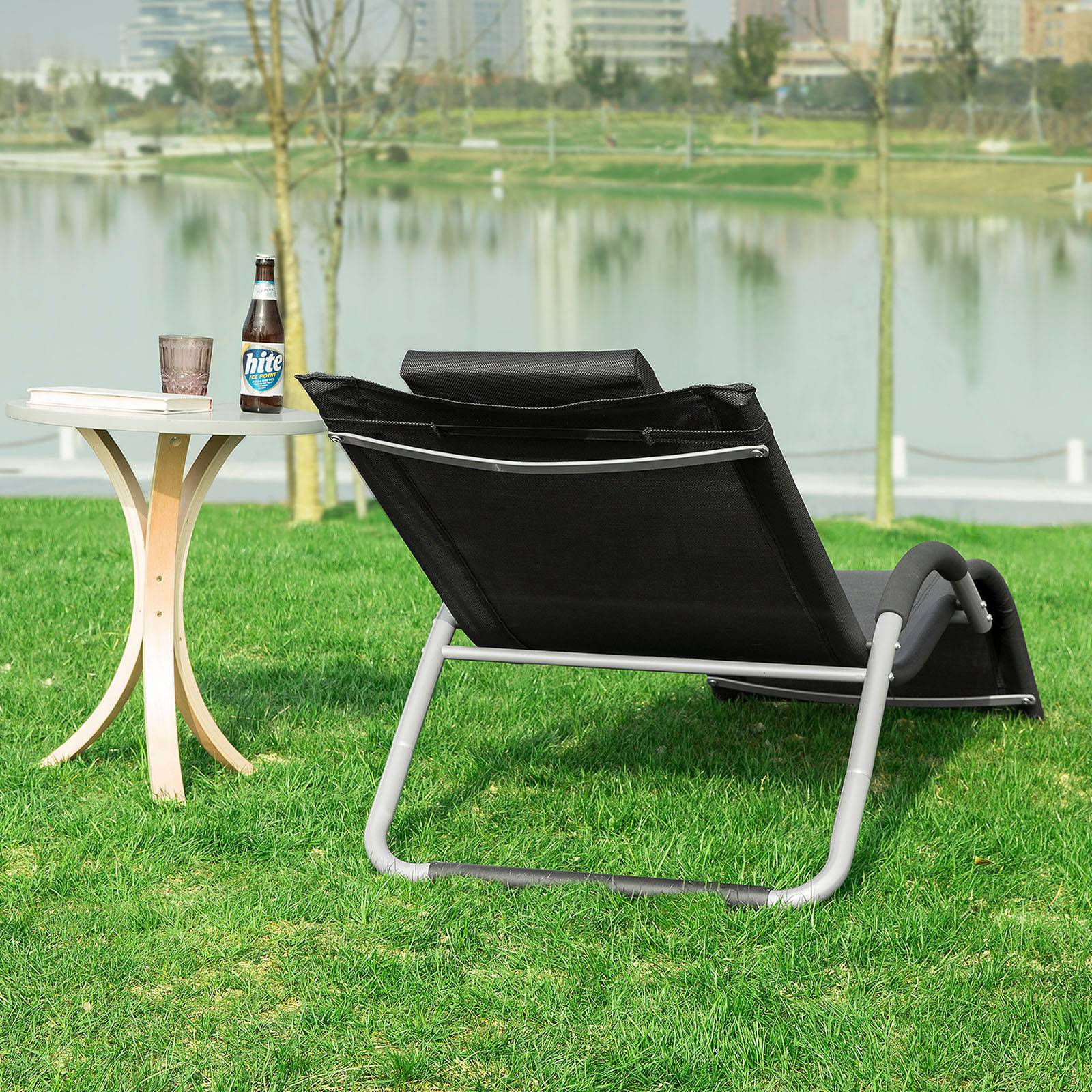 Bain de Soleil Transat de Jardin Chaise Longue avec Appui-tête Noir L.220 x l.60 x H.105 cm SoBuy - Image 10