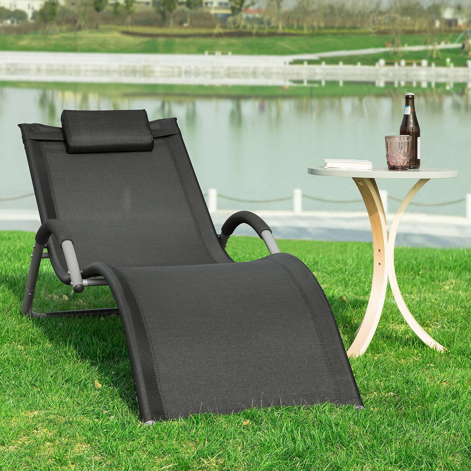 Bain de Soleil Transat de Jardin Chaise Longue avec Appui-tête Noir L.220 x l.60 x H.105 cm SoBuy - Image 9