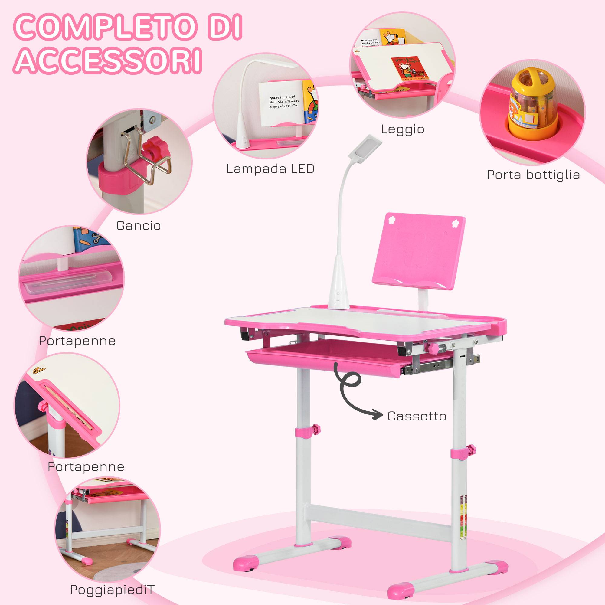 Banc scolaire réglable avec chaise enfant 6-12 ans,70×49,5×80-105 cm, rose - Image 7