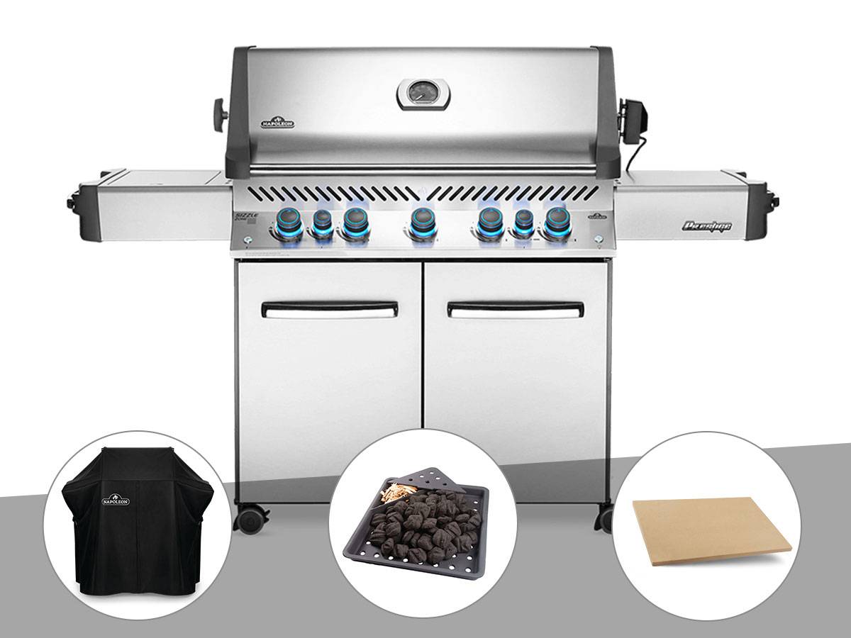 Napoleon - Barbecue à gaz Prestige 665 inox + Housse de protection + Plateau charbon + Pierre à pizza large rectangle - Napoleon