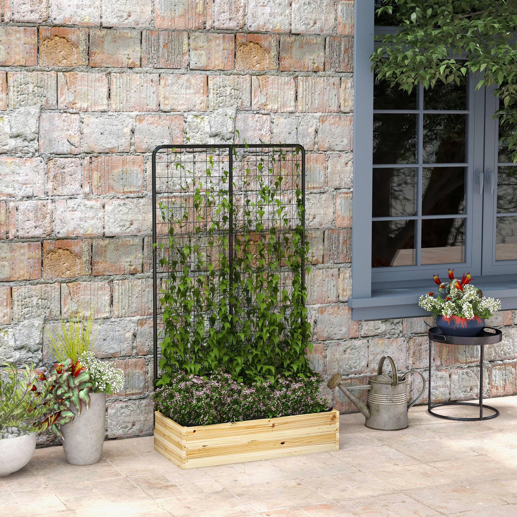 Sans Marque - Potager surélevé treillis doublure polaire bois naturel acier 80x38x145 cm noir - Image 3