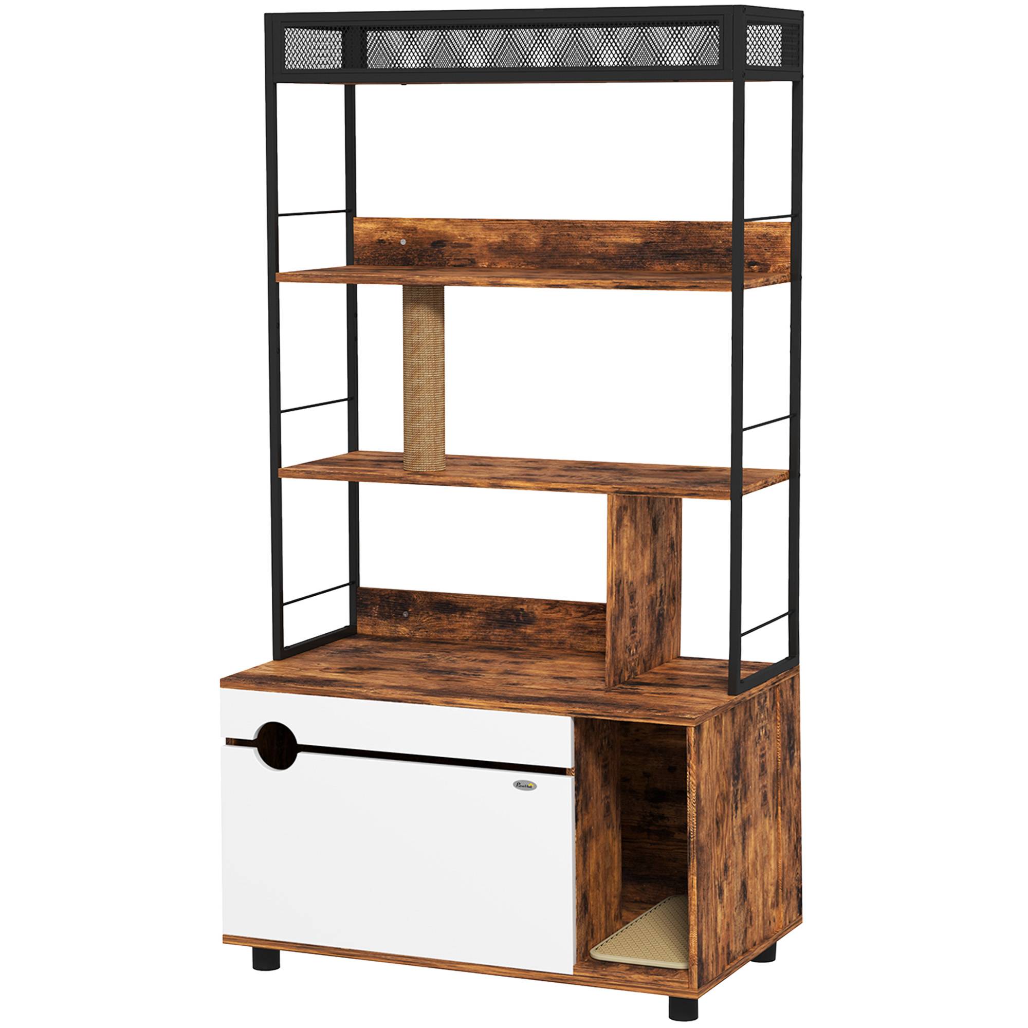 ComfortXL - Meuble litière pour chat brun 80 x 48 x 152 cm avec 3 étagères griffoir et bac caché - ComfortXL Outdoor Living - Image 2