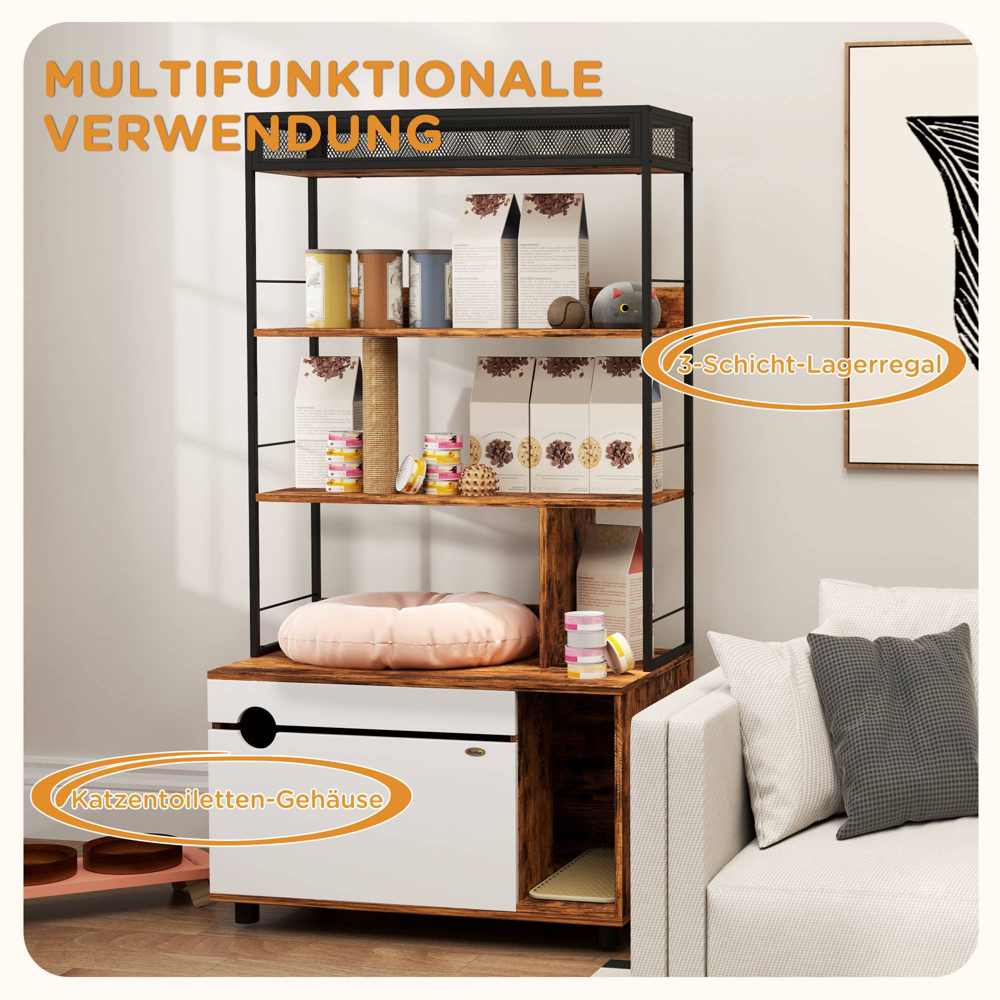 ComfortXL - Meuble litière pour chat brun 80 x 48 x 152 cm avec 3 étagères griffoir et bac caché - ComfortXL Outdoor Living - Image 6