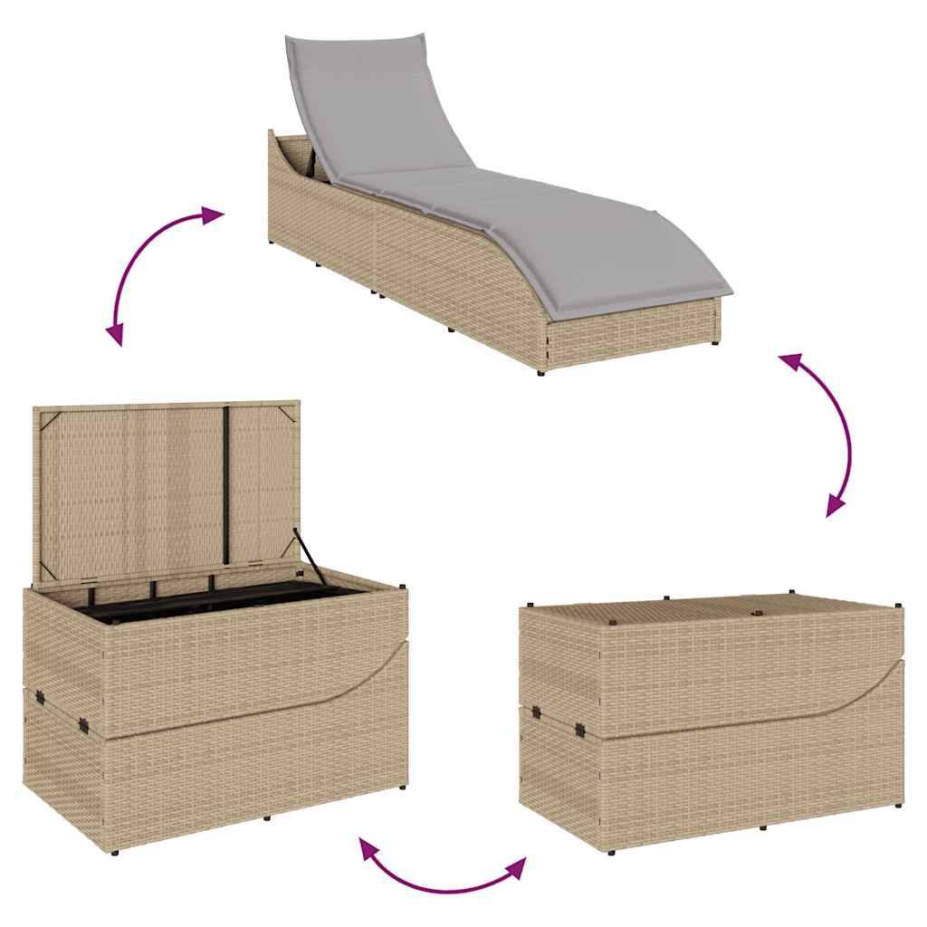 Chaise longue | Transat | Bain de soleil pliante coussin et rangement beige résine tressée - Image 9