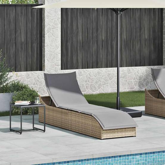 Chaise longue | Transat | Bain de soleil pliante coussin et rangement beige résine tressée - Image 1