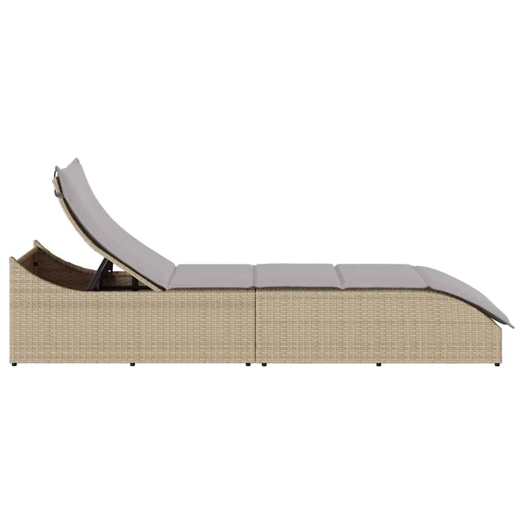 Chaise longue | Transat | Bain de soleil pliante coussin et rangement beige résine tressée - Image 6